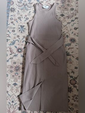 Sleeveless Taupe Midi Dress with Waist Tie by Lulus